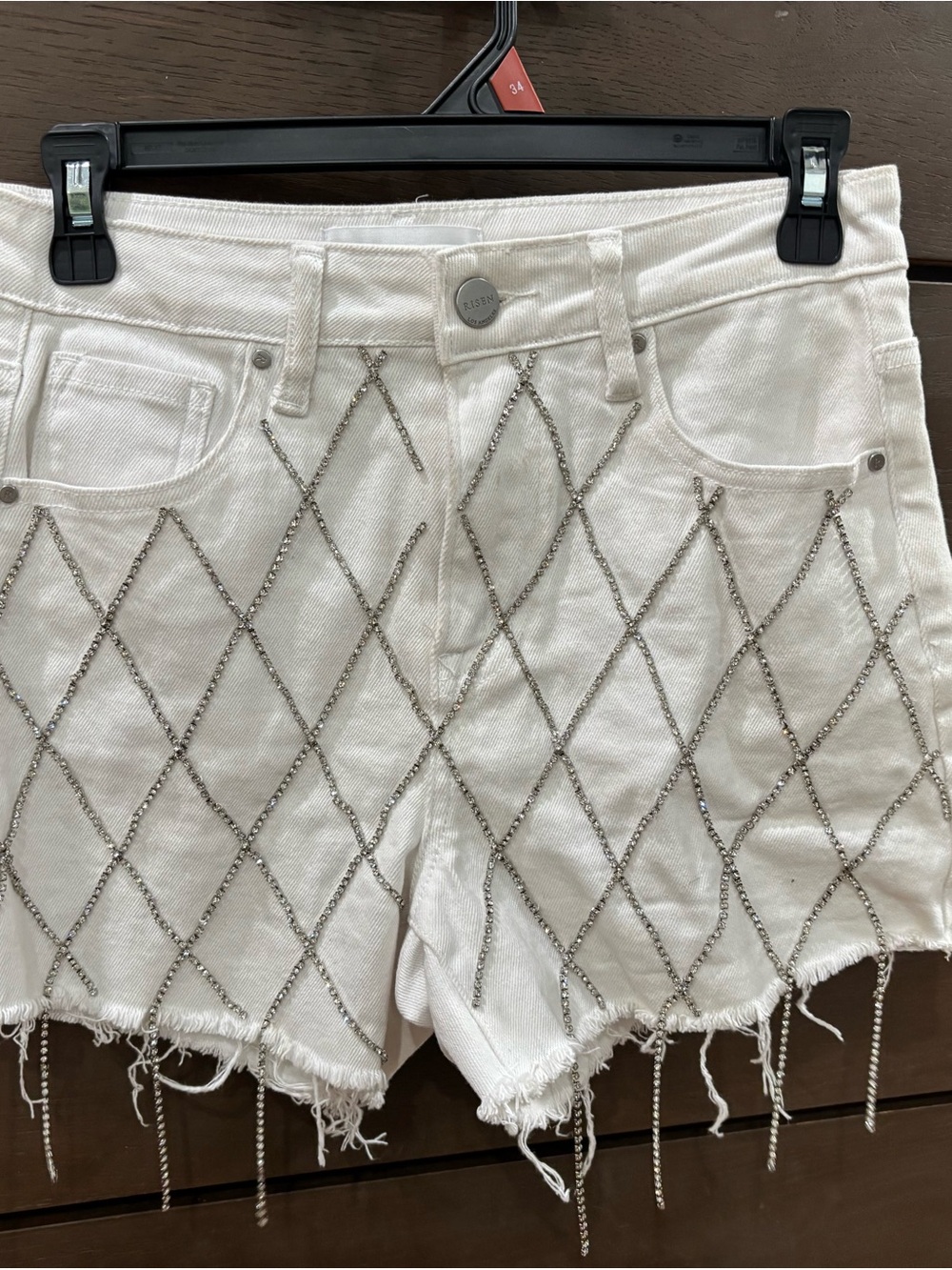 White Risen Denim Shorts with Rhinestone Fringe
